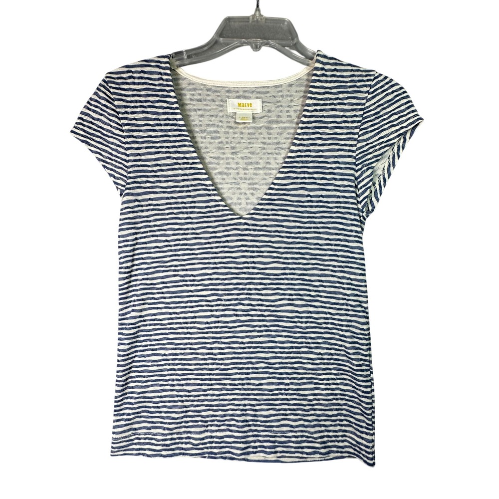 Maeve Anthropologie Striped V-Neck Knit Top Coastal Preppy XS Blue White Preppy